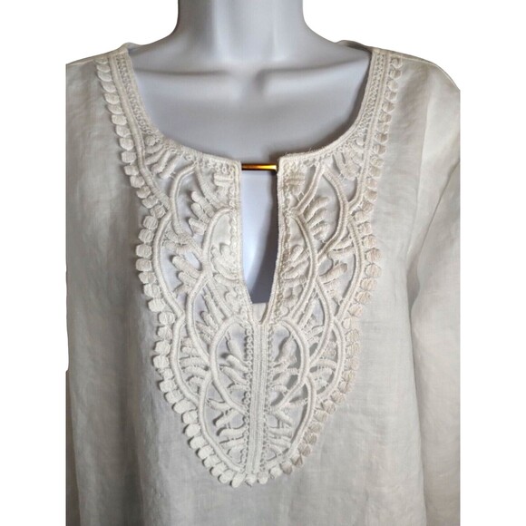 OSO Casuals XLarge Tunic Top White Linen Embellished Front Round neck 3/4 Sleeve - Picture 4 of 6